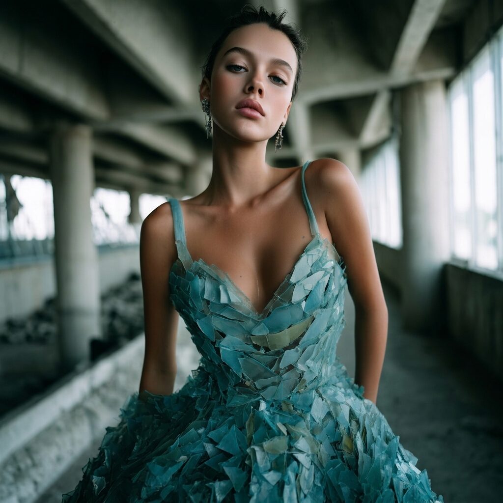 Brand Couture still — shattered-glass gown in a concrete corridor