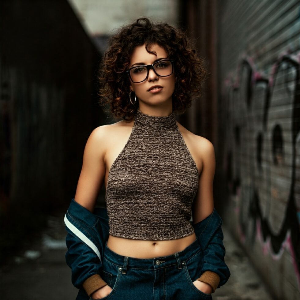 Synthetic spokesperson — AI-generated talent in an urban alley